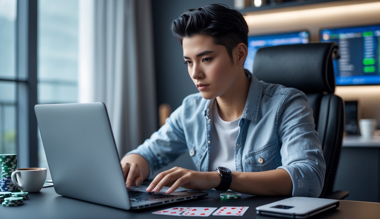 Seorang pria fokus bermain poker online di depan laptop dengan chip dan kartu poker di meja.