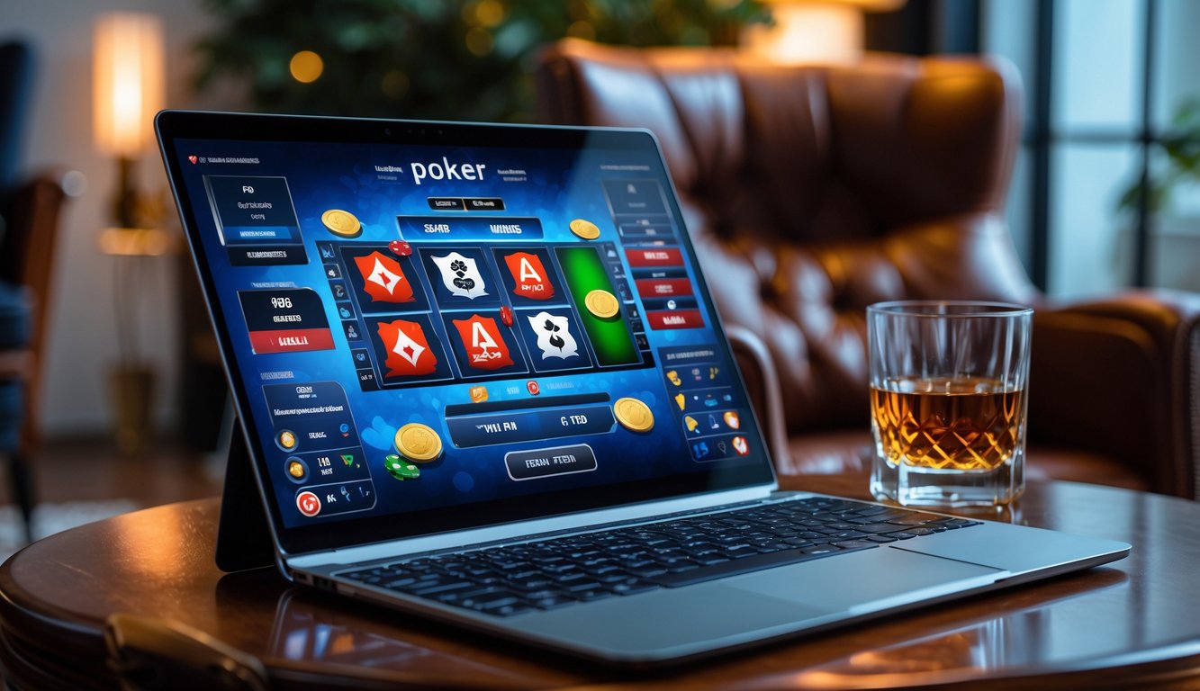 Seorang pemain poker online sedang bermain dengan perangkat digital di meja kayu, dikelilingi suasana nyaman dan pencahayaan hangat.