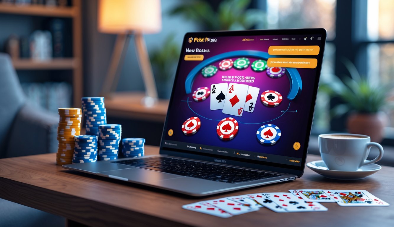 Seorang pria duduk di depan laptop dengan permainan poker online yang terbuka, di meja terdapat tumpukan chip poker dan kartu remi.