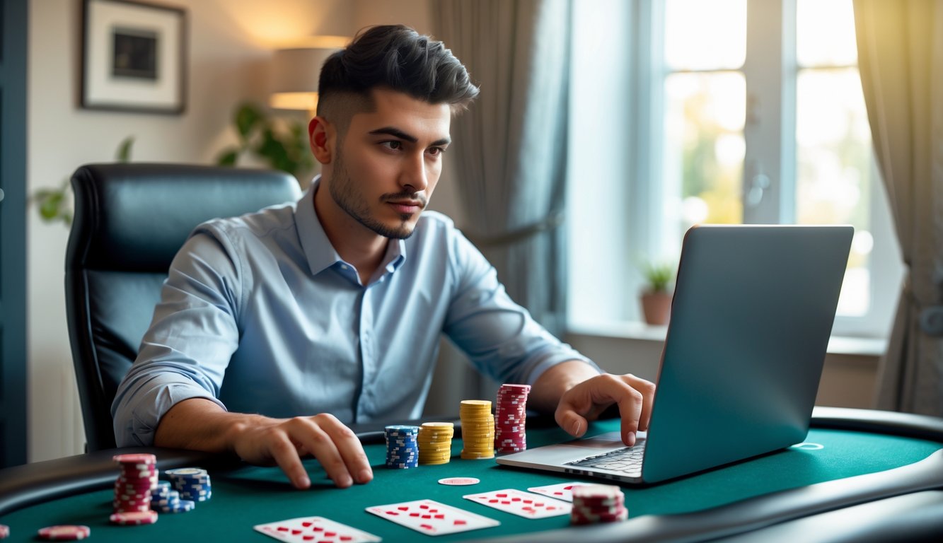 Seorang pria muda duduk di meja poker dengan laptop dan chip poker, terlihat fokus bermain poker online.