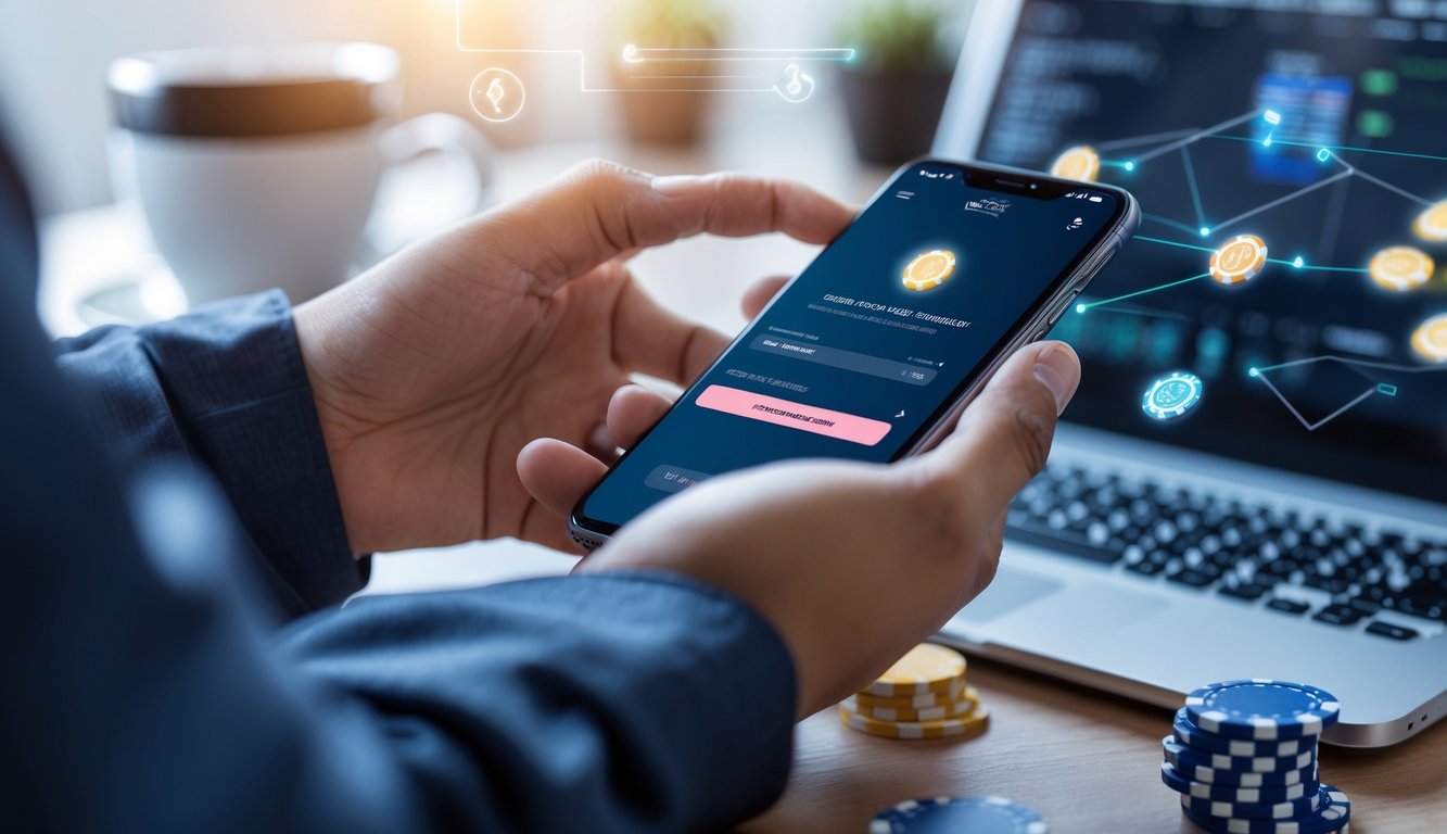 Tangan memegang ponsel yang menampilkan aplikasi poker online dengan layar konfirmasi deposit tanpa potongan, di atas meja kerja dengan laptop dan chip poker.