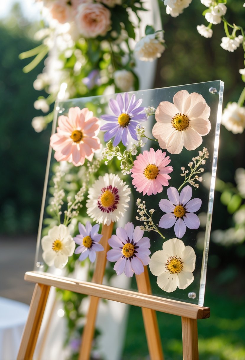 A clear Lucite board decorated with pressed flowers on a wooden easel in a garden setting.