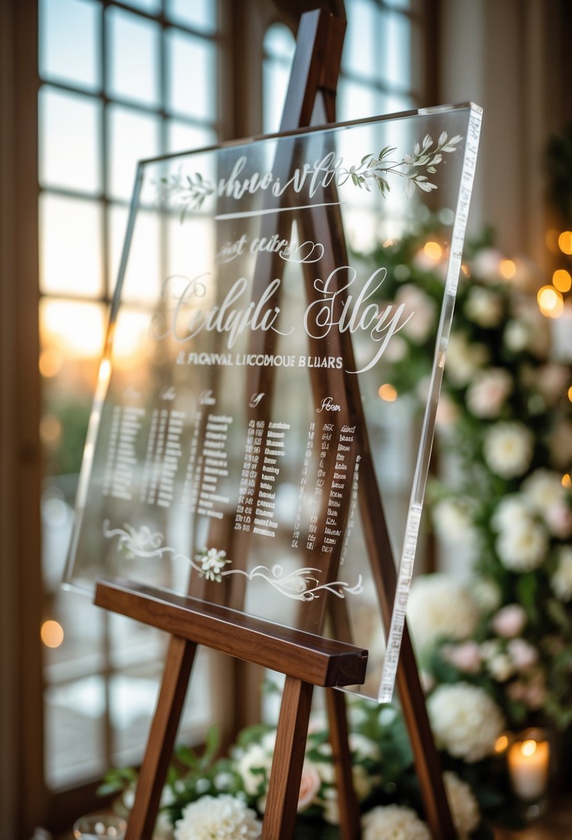 A clear acrylic seating chart displayed on a wooden easel surrounded by floral decorations at a wedding reception.