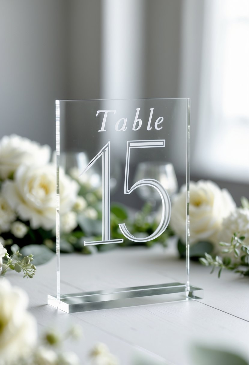 A clear acrylic table number 15 displayed on a table with white flowers and greenery in the background.