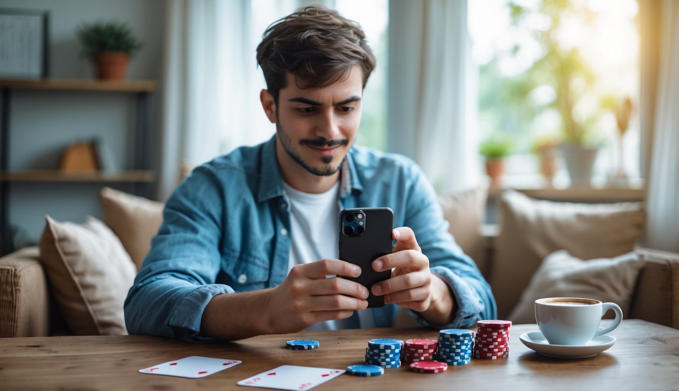Seseorang duduk di meja kayu sambil bermain poker menggunakan ponsel Android di ruang tamu yang nyaman.