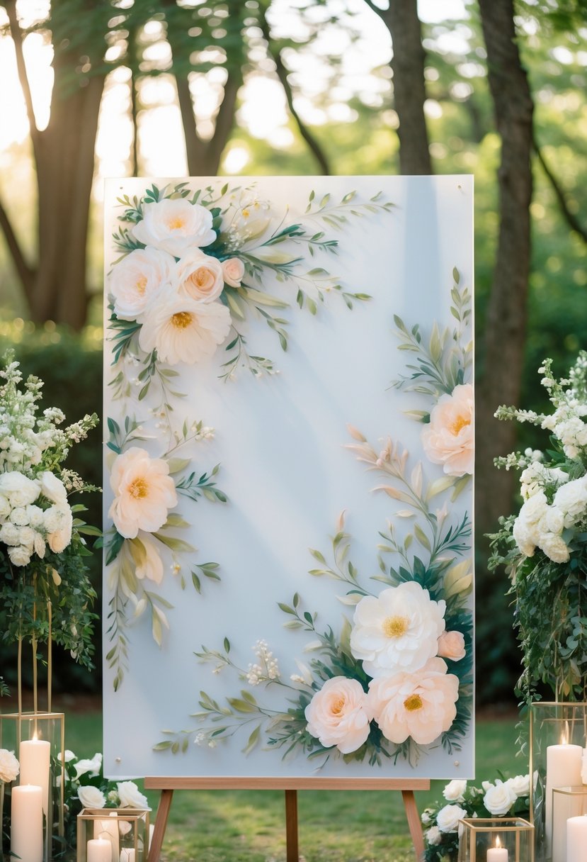 A hand-painted acrylic wedding ceremony backdrop with floral designs displayed outdoors in a garden setting surrounded by wedding decorations.