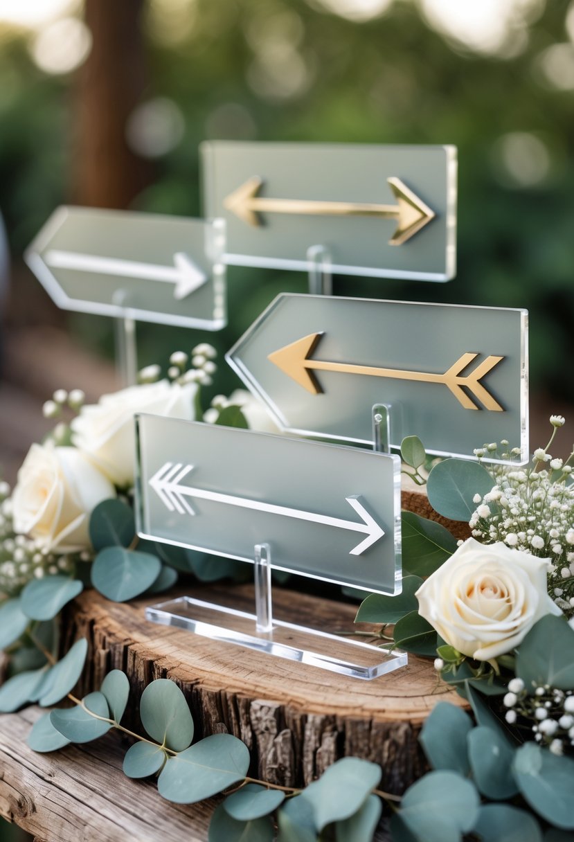 A collection of clear acrylic directional signs with arrow designs surrounded by wedding flowers on a wooden surface.