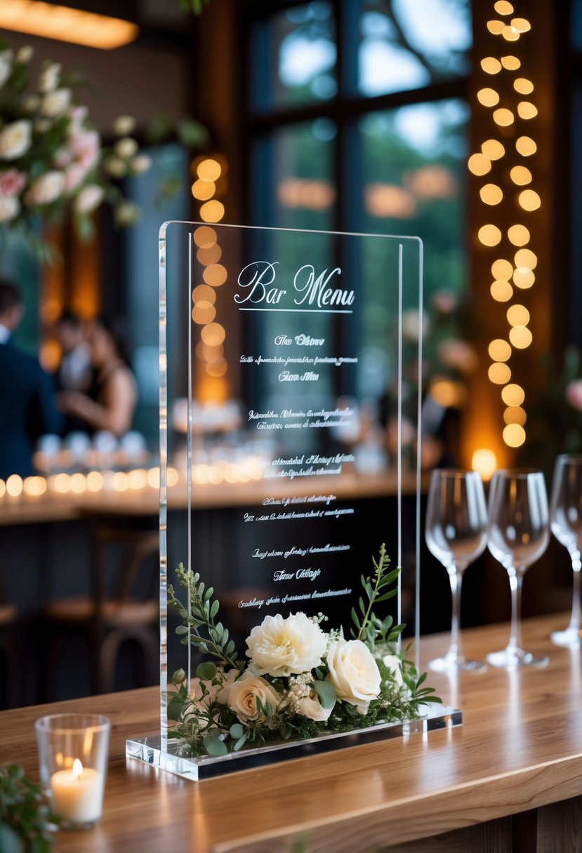 An acrylic bar menu displayed on a wedding reception table surrounded by flowers, glassware, and soft lighting.