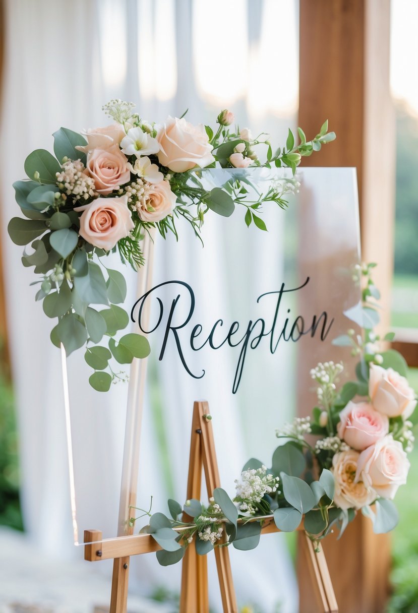 Clear acrylic reception sign decorated with pastel flowers and greenery on a wooden stand in a bright wedding venue.