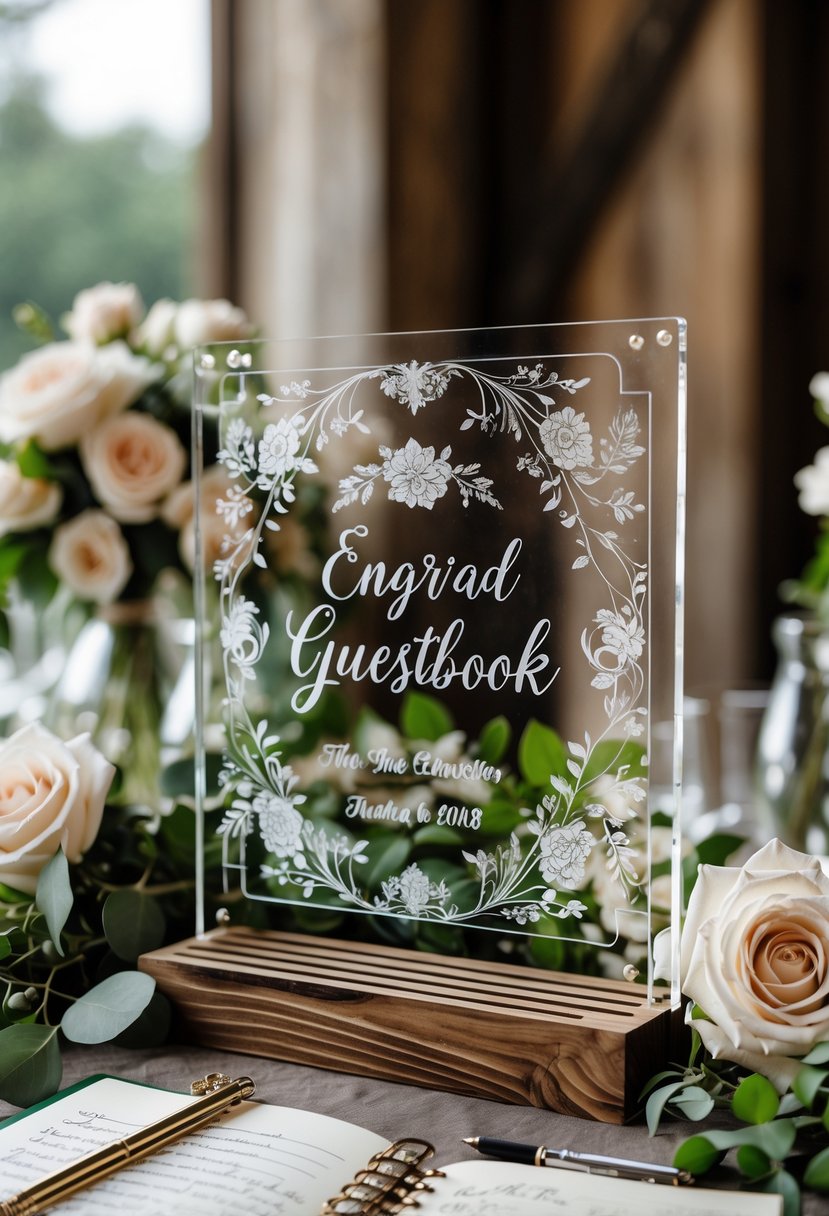 An engraved acrylic guestbook sign on a decorated wedding table with flowers, a pen, and an open guestbook.