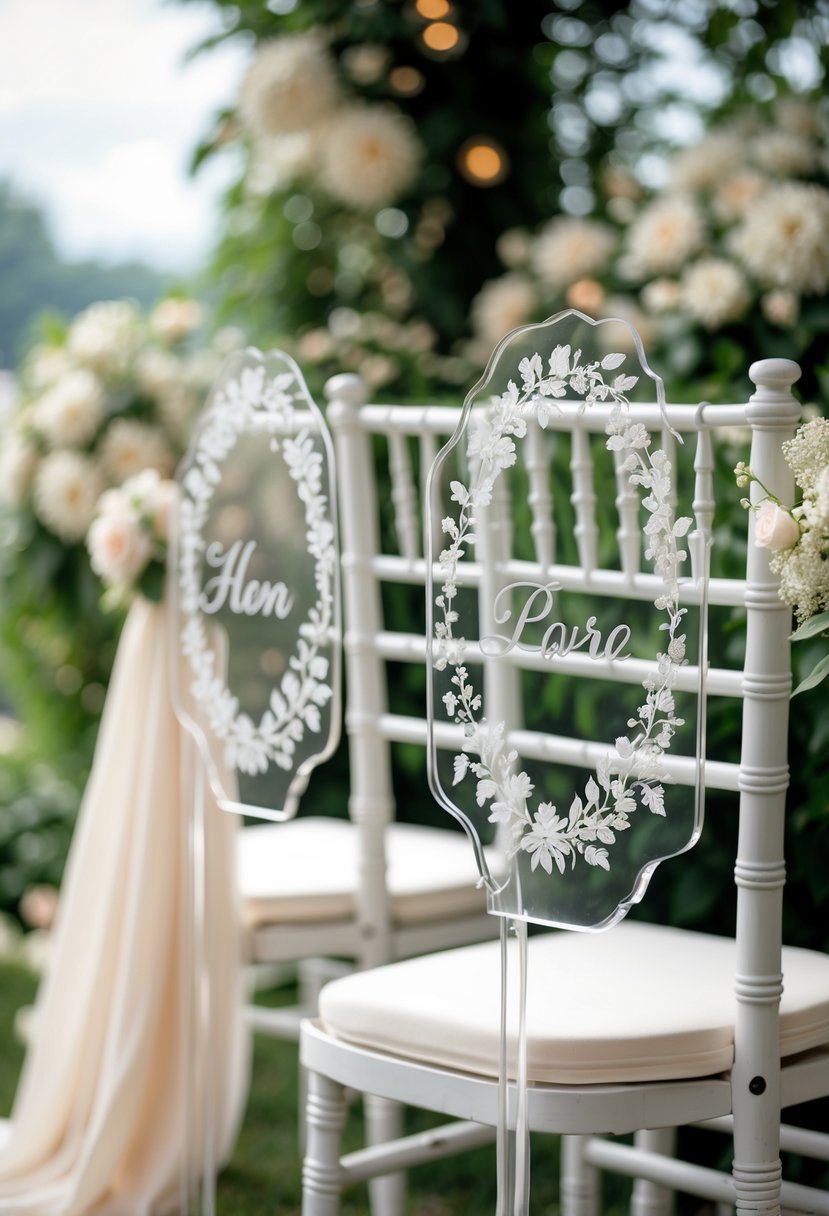 Two clear acrylic wedding chair signs with floral designs on white chairs at an outdoor wedding venue surrounded by greenery.