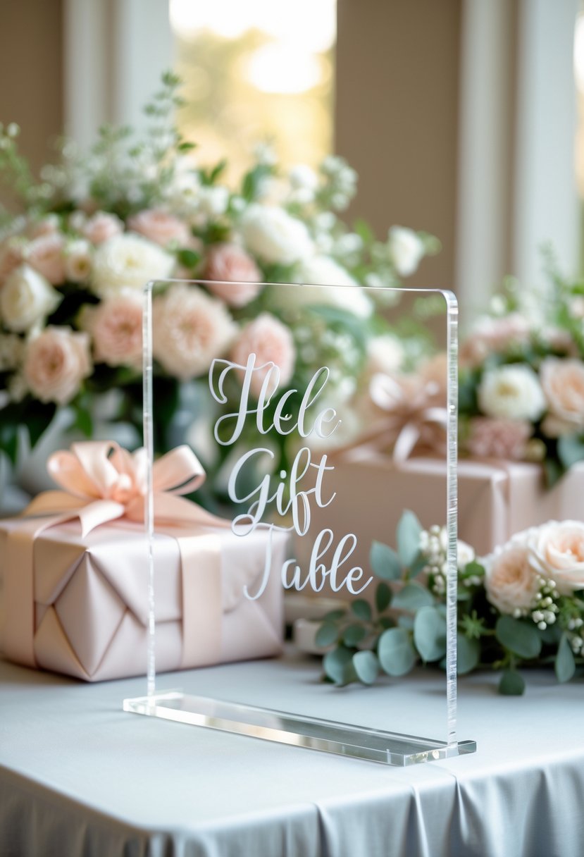 A transparent acrylic sign displayed on a wedding gift table surrounded by wrapped gifts and floral decorations.