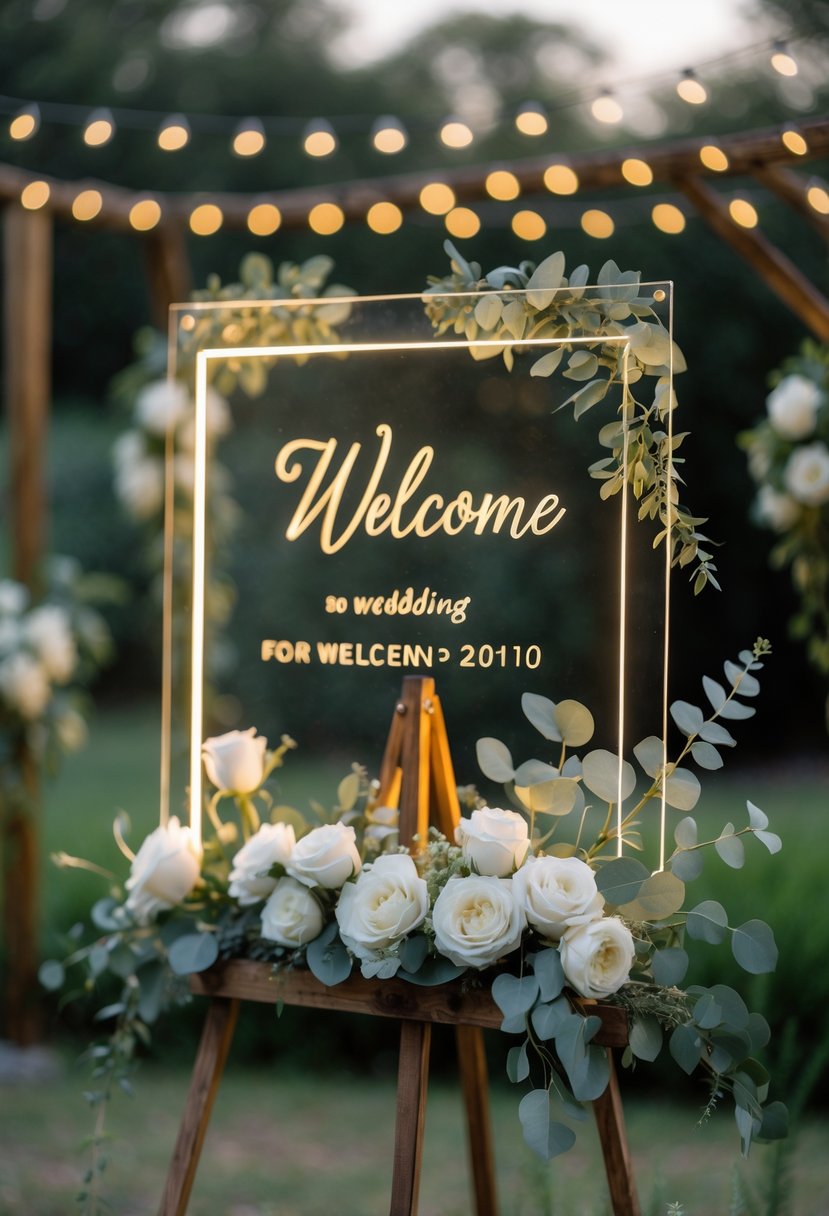 An illuminated clear acrylic welcome sign on a wooden easel surrounded by white flowers and greenery in an outdoor garden setting.