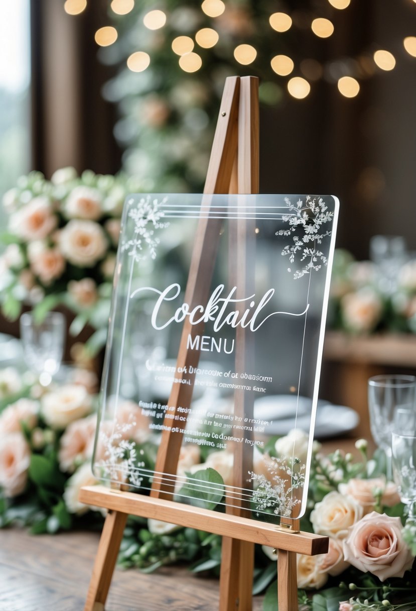 A clear acrylic cocktail menu sign displayed on a wooden stand surrounded by flowers and wedding decorations on a table.