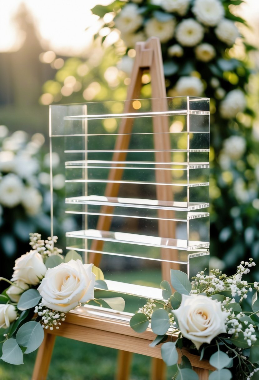 A layered acrylic wedding sign displayed on a wooden easel surrounded by white flowers and greenery in an outdoor garden setting.