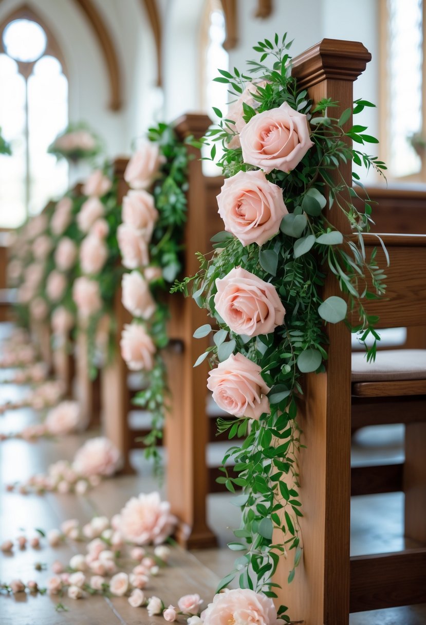 A church aisle with wooden pews decorated with soft blush roses and trailing green leaves.