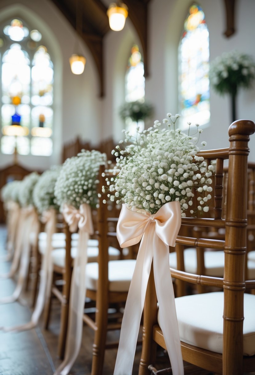 Row of wooden aisle chairs in a church decorated with small white baby's breath flowers tied with satin ribbons.