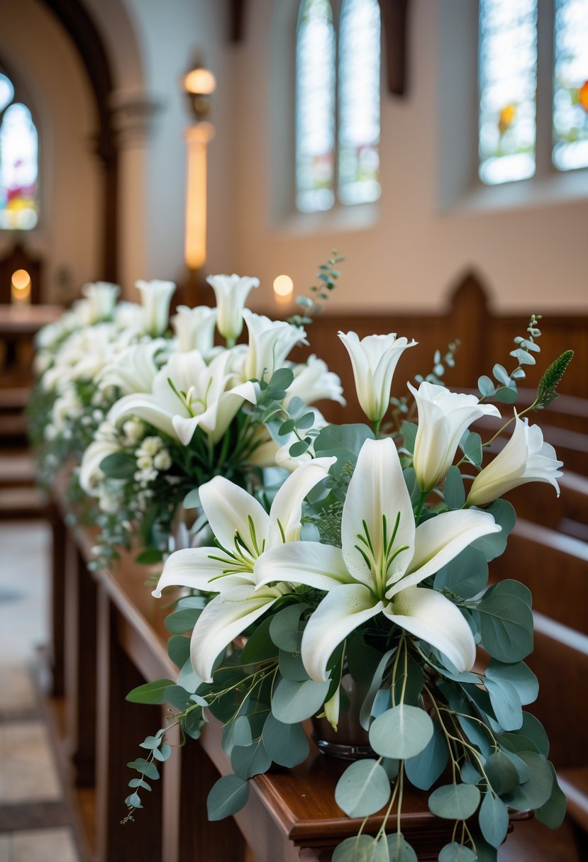 White lily bouquets with eucalyptus leaves arranged on a church altar with wooden pews and stained glass windows in the background.