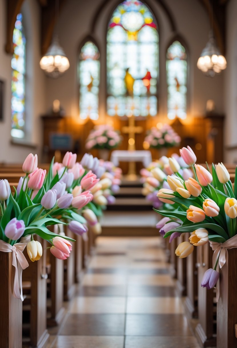 Church aisle decorated with pastel-colored tulip flower arrangements attached to wooden pews.