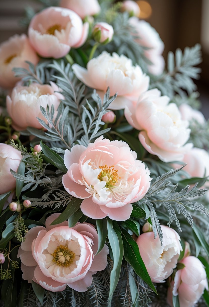 Close-up of pink peony clusters with silvery dusty miller leaves arranged together.