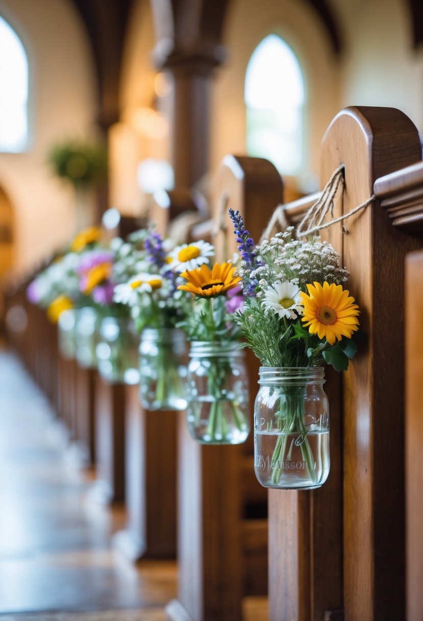 Small mason jars filled with wildflowers hanging from wooden church pews during a wedding.