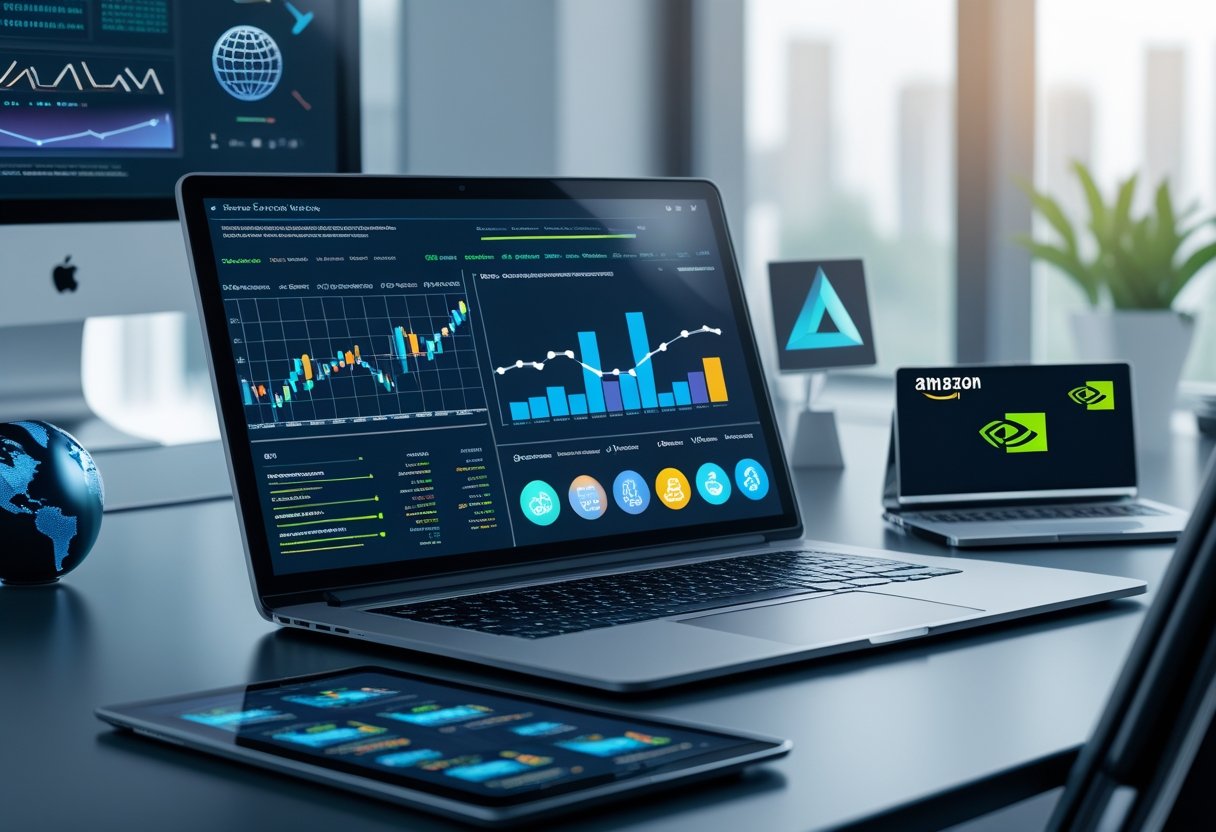 A modern workspace with digital devices showing stock charts and data analytics related to AI companies, surrounded by subtle symbols representing Alphabet, Cellebrite, Amazon, and Nvidia.