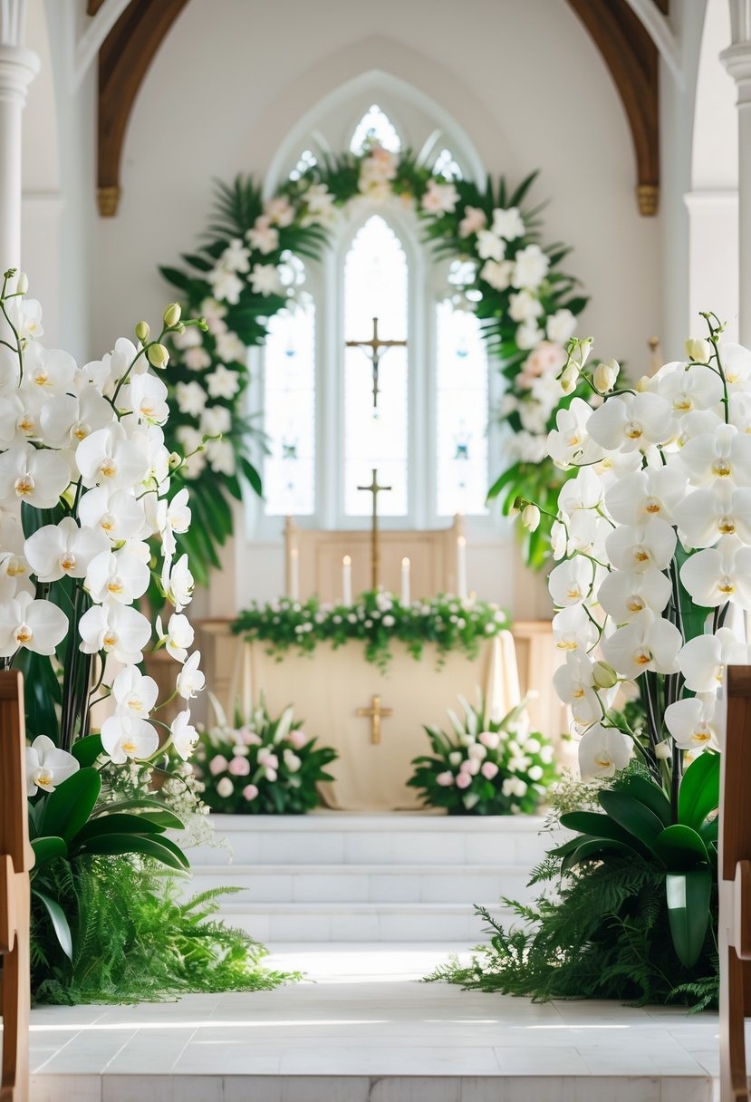 A church altar framed by elegant orchid sprays with white and pale pink flowers and green leaves.