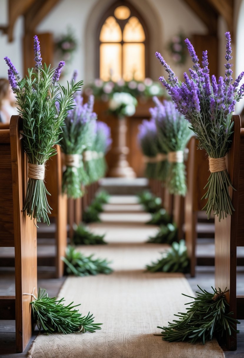Wedding aisle decorated with bundles of lavender and rosemary tied to chairs inside a church.