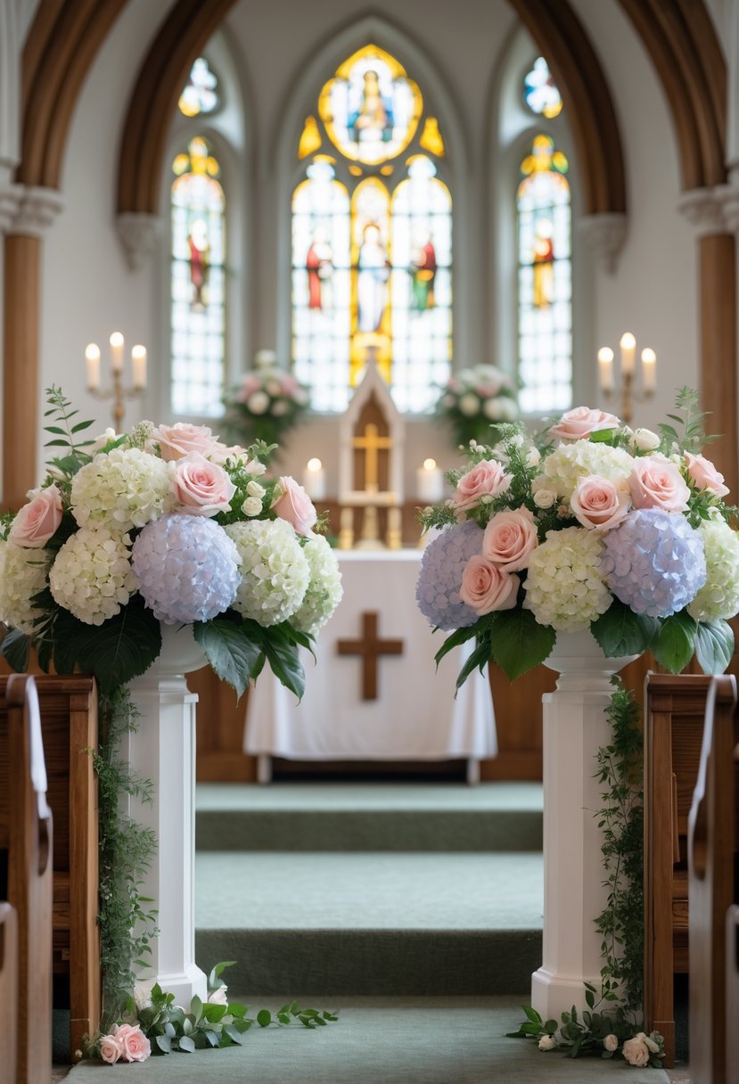 Hydrangea and rose flower centerpieces placed near the altar inside a church.
