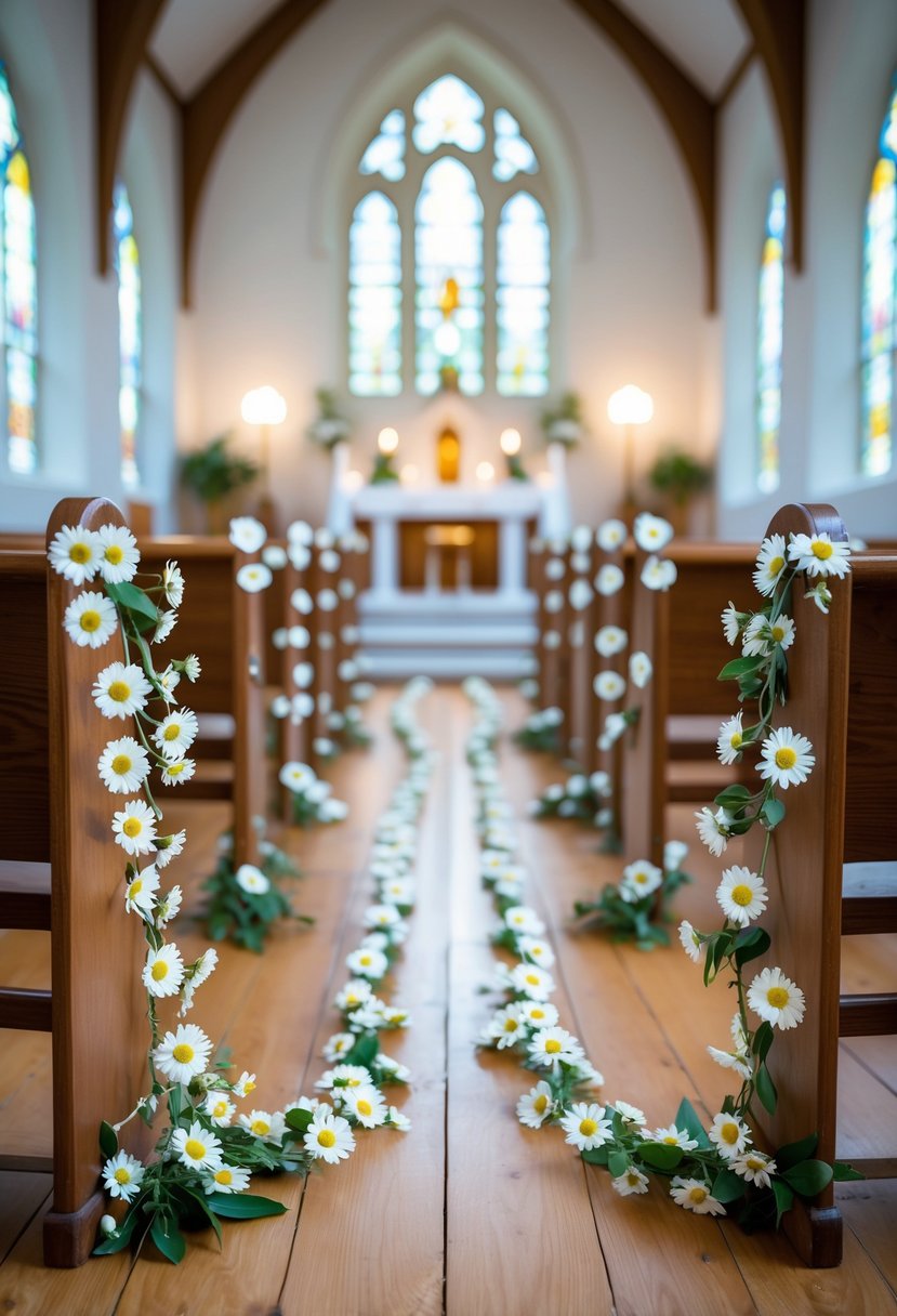 Wooden church pews decorated with simple daisy chains woven around the ends, with soft light coming through stained glass windows.