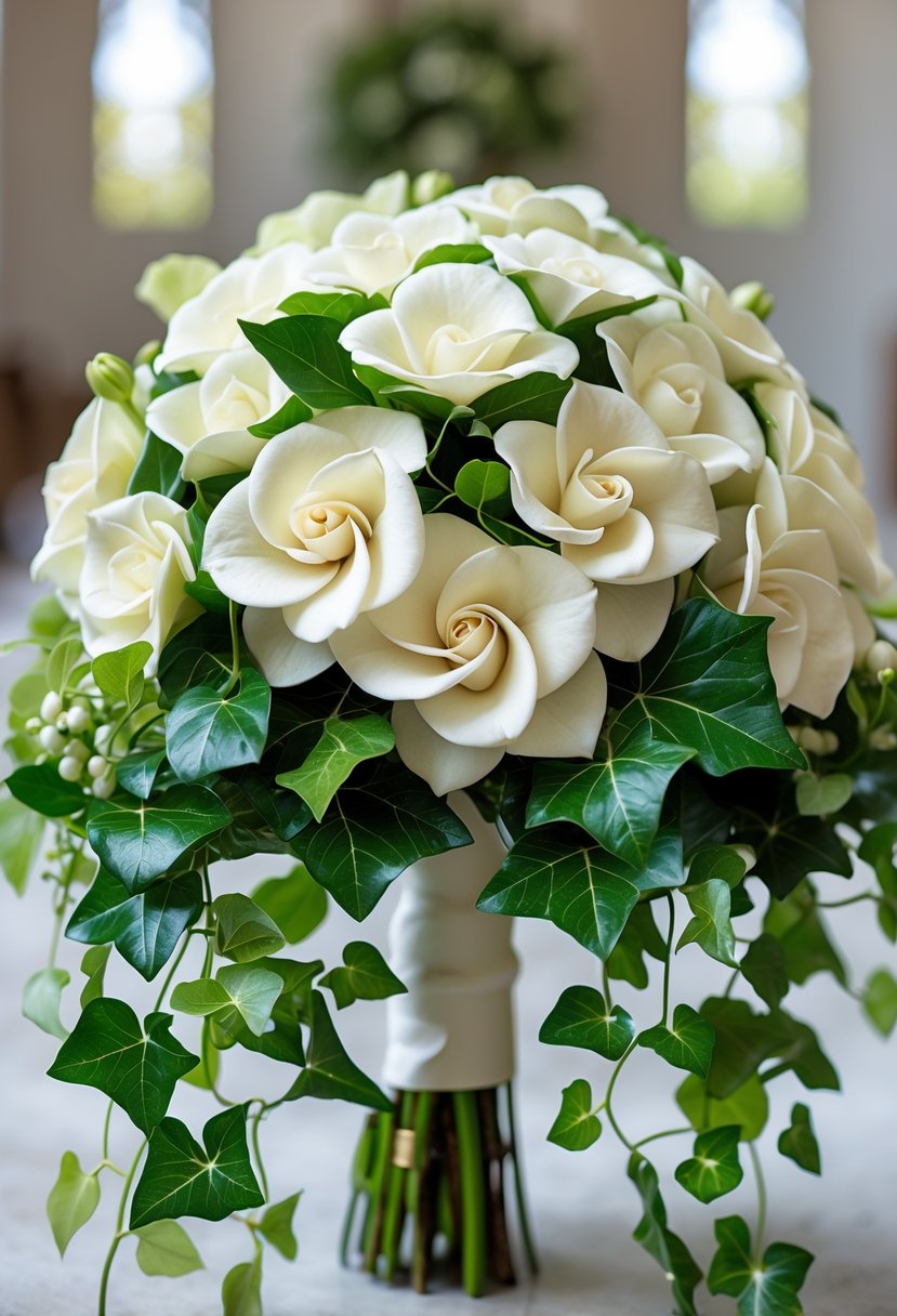 A bridal bouquet with creamy white gardenia flowers and green ivy leaves.