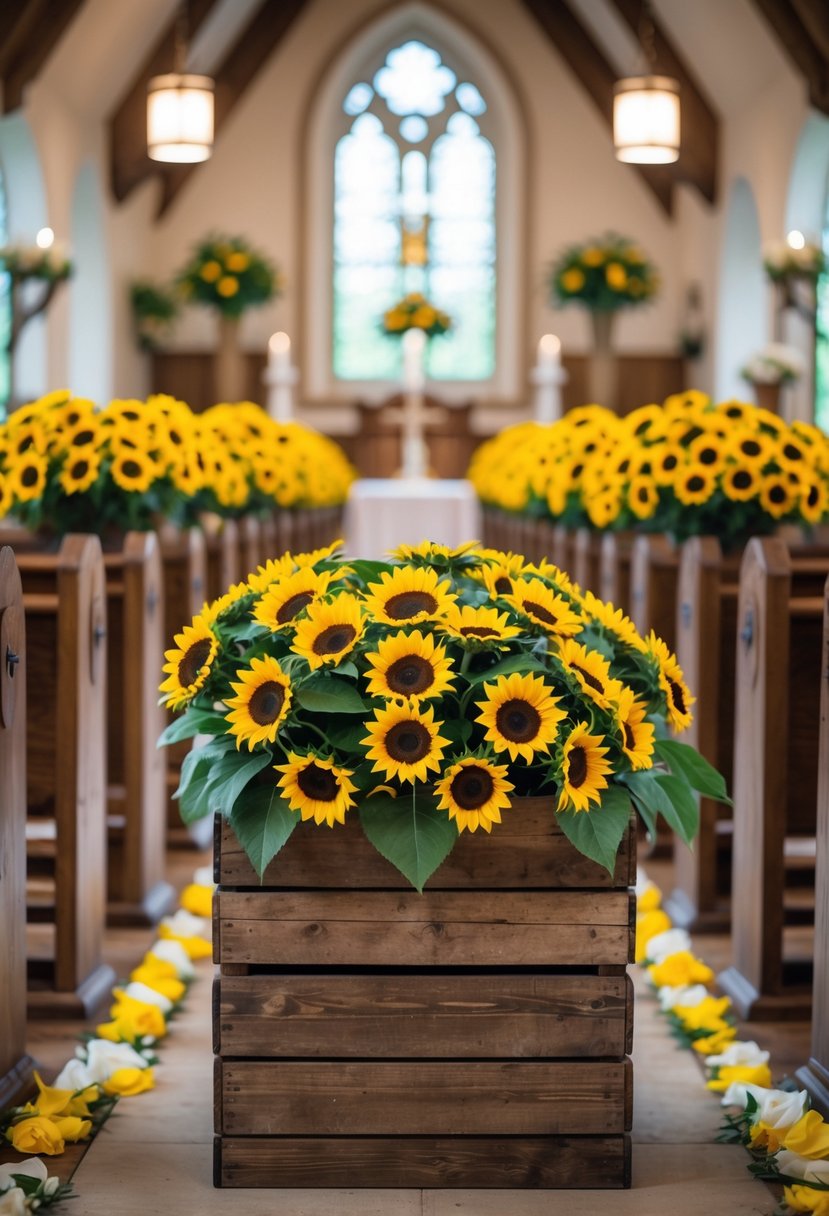Mini sunflowers in rustic wooden boxes lining the aisle inside a church decorated for a wedding.