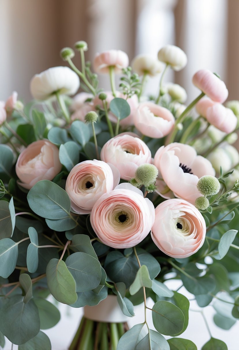 A bouquet of soft pink ranunculus flowers with silver dollar eucalyptus leaves.