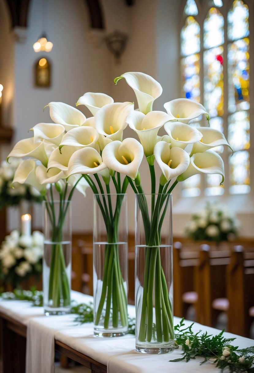 White calla lilies in tall glass vases arranged at a church altar with wooden pews and soft light in the background.