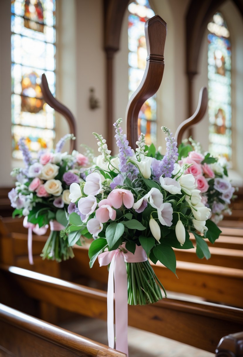 Bouquets of sweet pea and freesia flowers hanging on wooden pew hooks inside a church.