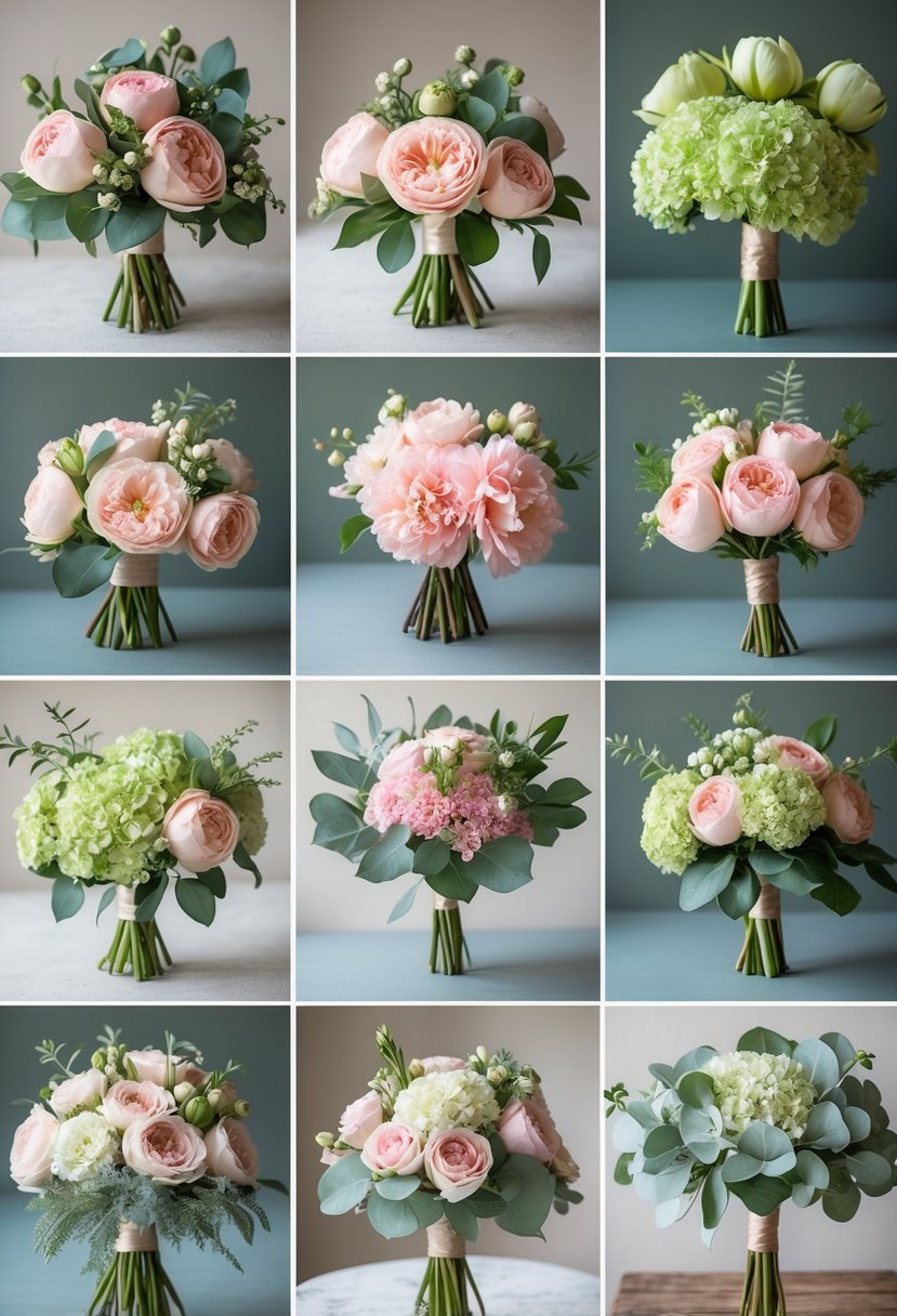 Eleven different wedding flower arrangements featuring pink and green flowers and greenery displayed together.