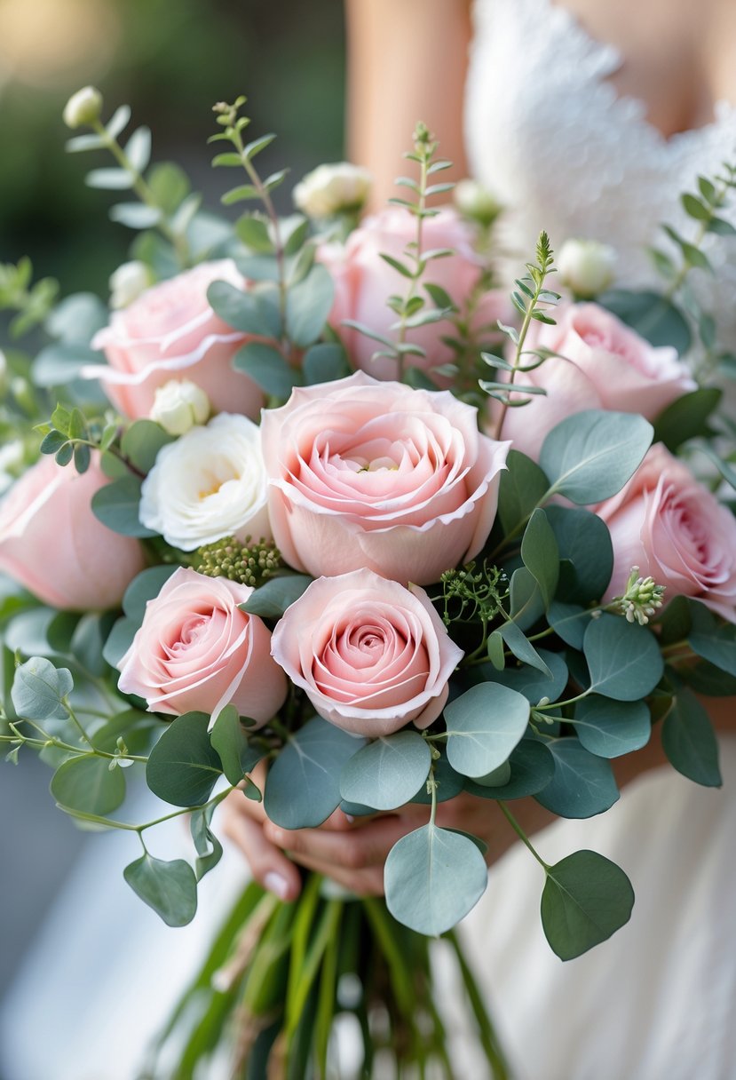 A bouquet of blush pink roses and eucalyptus greenery arranged together.