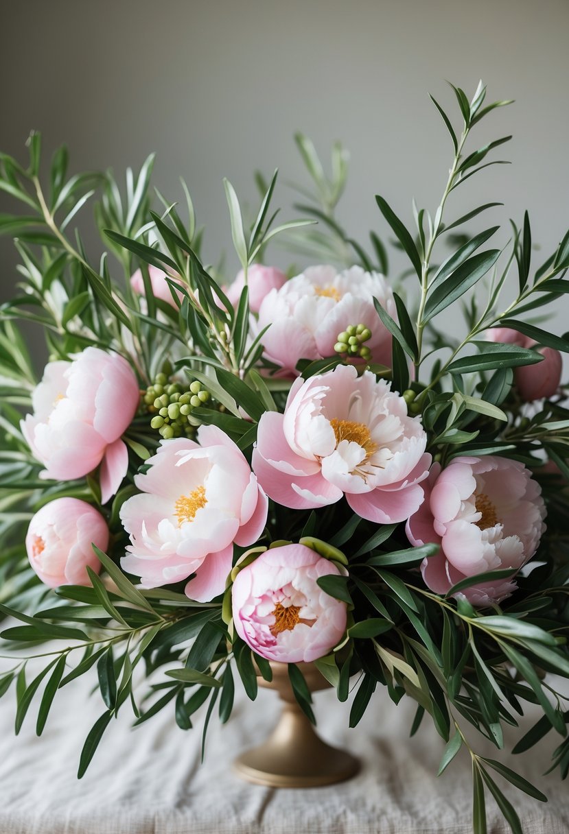 A floral centerpiece with pink peonies and green olive branches arranged together.