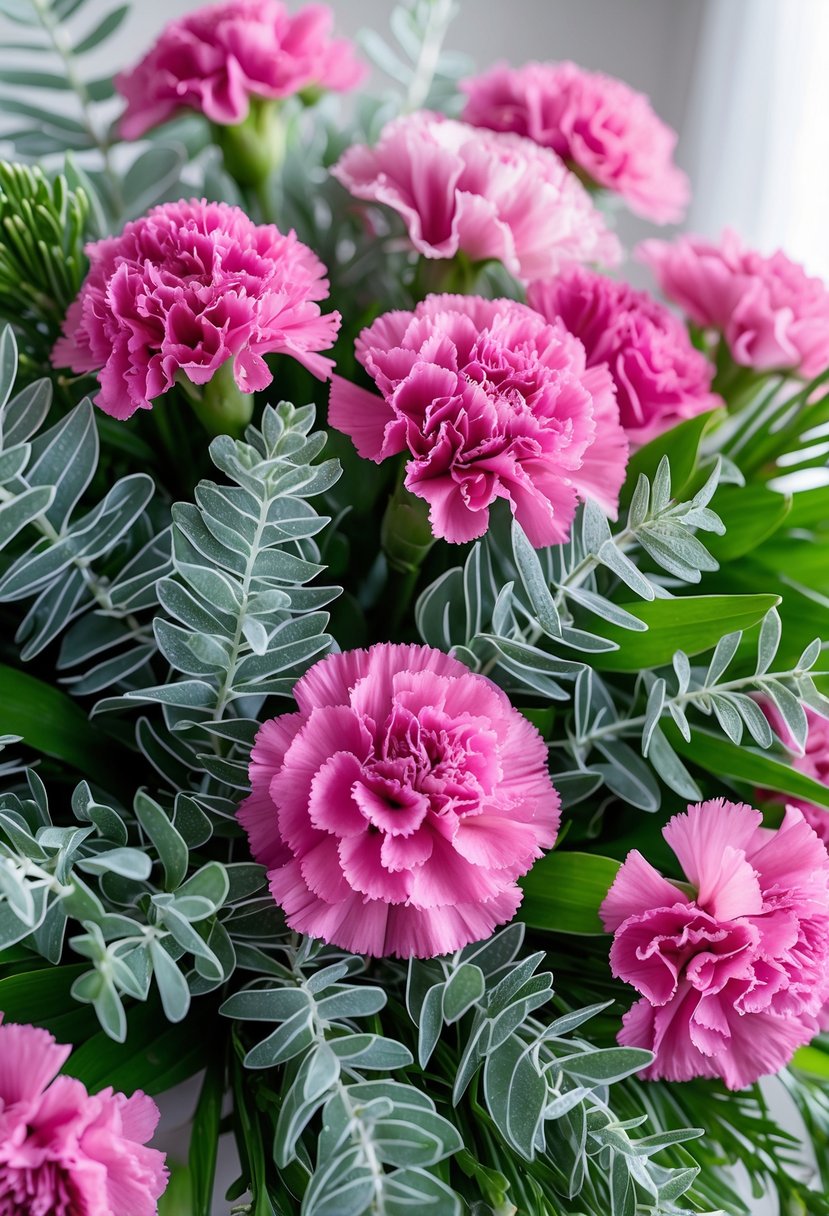 A bouquet of bright fuchsia carnations mixed with silvery dusty miller leaves.