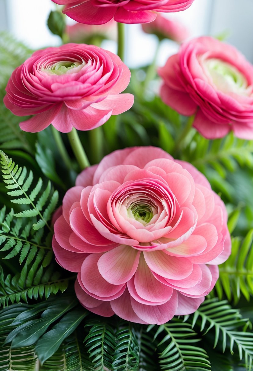 Close-up of pink ranunculus flowers arranged with green fern leaves.