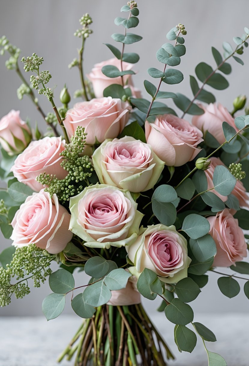 A bouquet of pink garden roses and seeded eucalyptus branches arranged together.