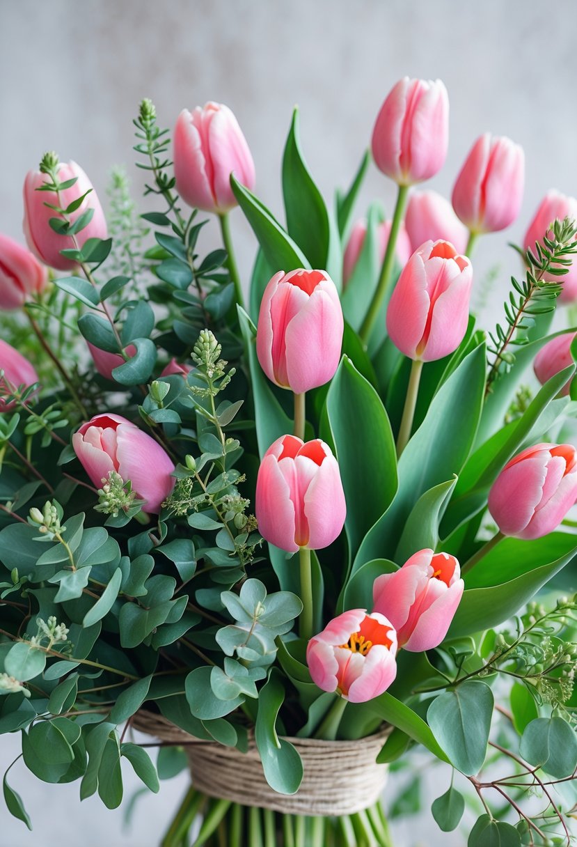 A bouquet of pink tulips accented with green ruscus leaves.