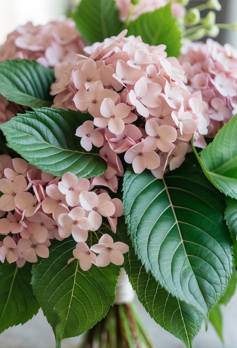 A close-up of soft pink hydrangeas mixed with green salal leaves in a floral arrangement.