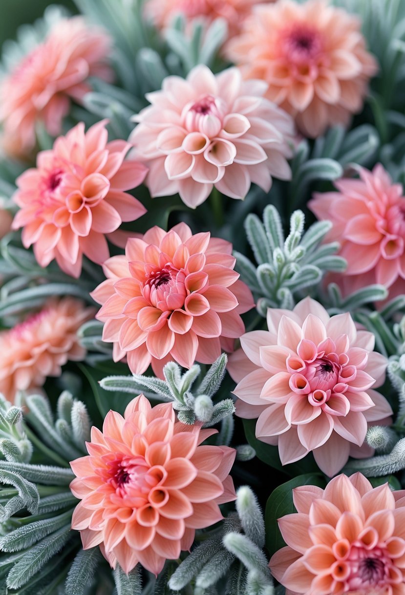 Close-up of coral pink dahlias with soft lamb's ear greenery arranged together.
