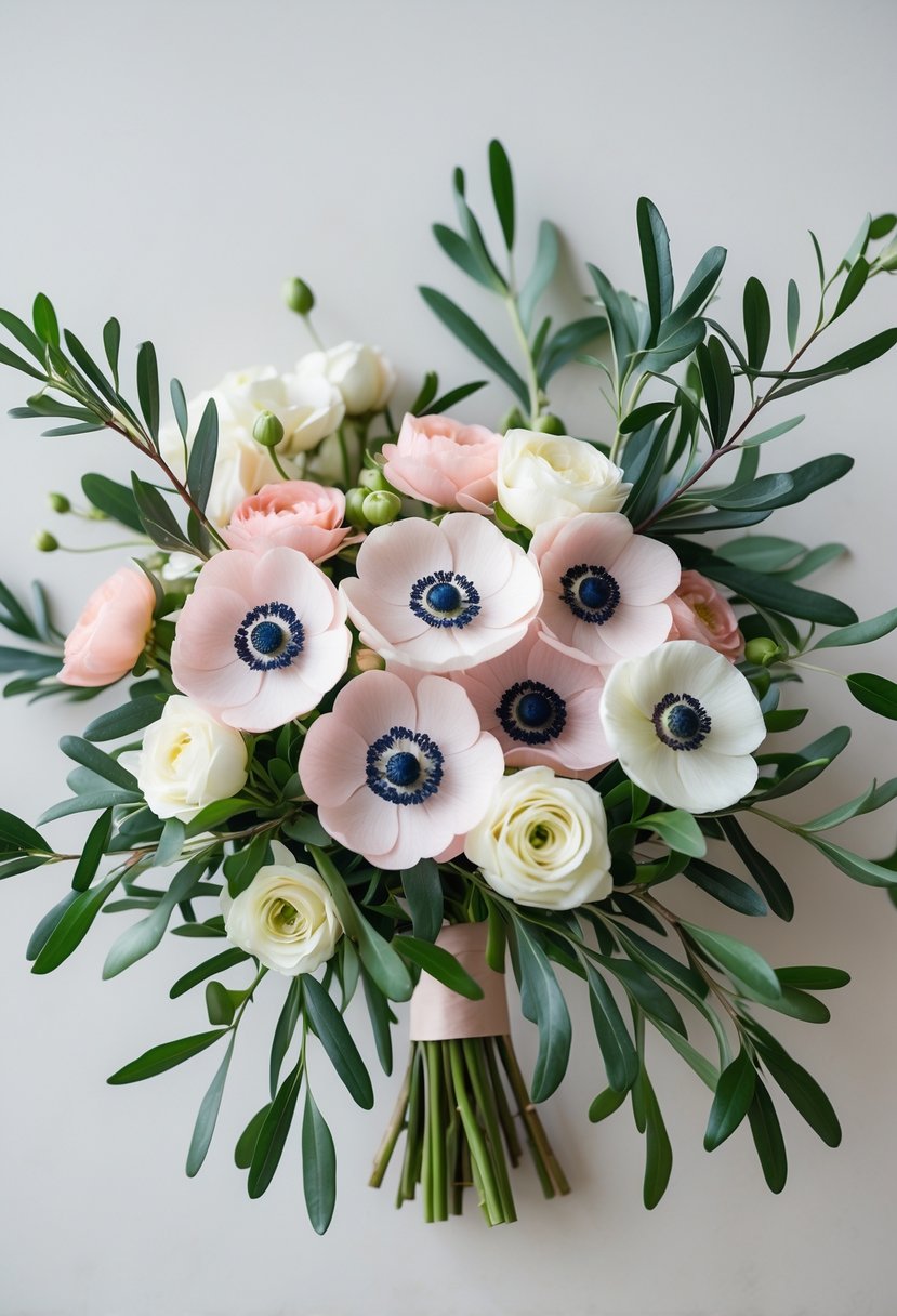 A bouquet of blush pink and white anemones surrounded by green olive branches and pink and green wedding flowers.