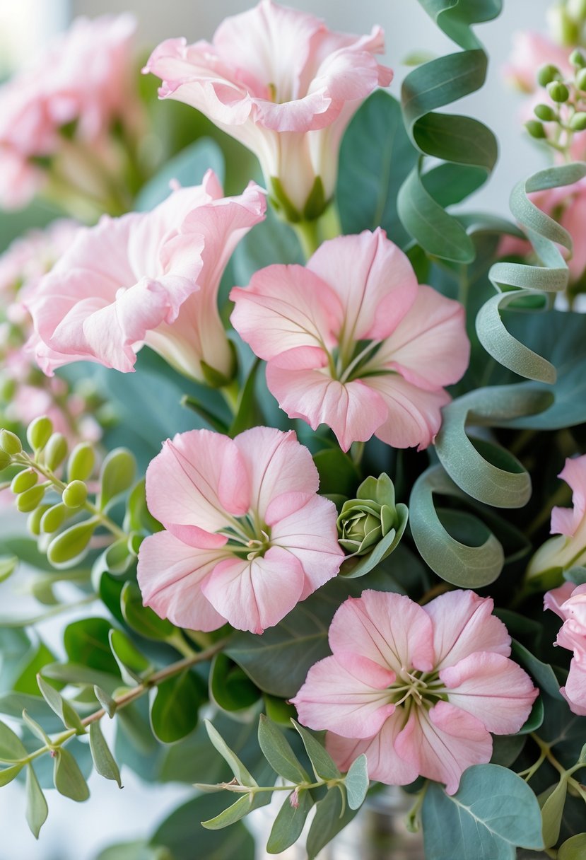 Close-up of pink lisianthus flowers with spiral eucalyptus stems arranged together.