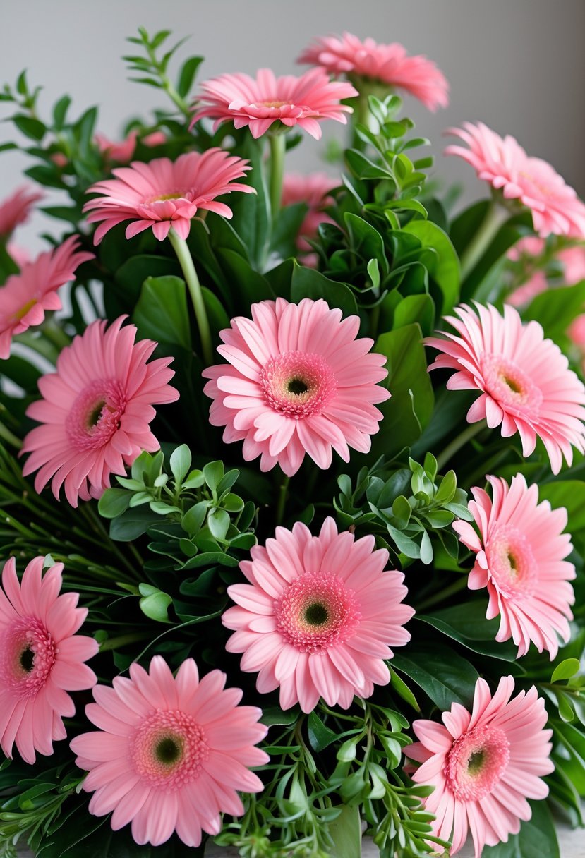 A bouquet of bright pink gerbera daisies with green boxwood leaves arranged together.