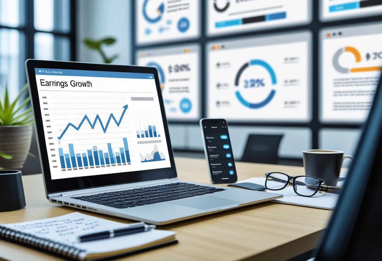 A workspace with a laptop, notebook, smartphone, coffee cup, and glasses, showing graphs and charts related to earnings.