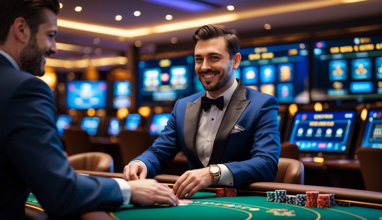 Seorang dealer nyata sedang membagikan kartu di meja kasino dengan latar belakang layar permainan kasino online.