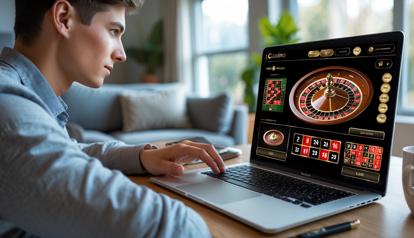 Seseorang bermain permainan kasino langsung menggunakan laptop di ruang tamu rumah.